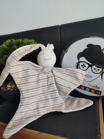 doudou peluche lapin keptin-jr blanc marron beige ancien éponge plat  DD003242