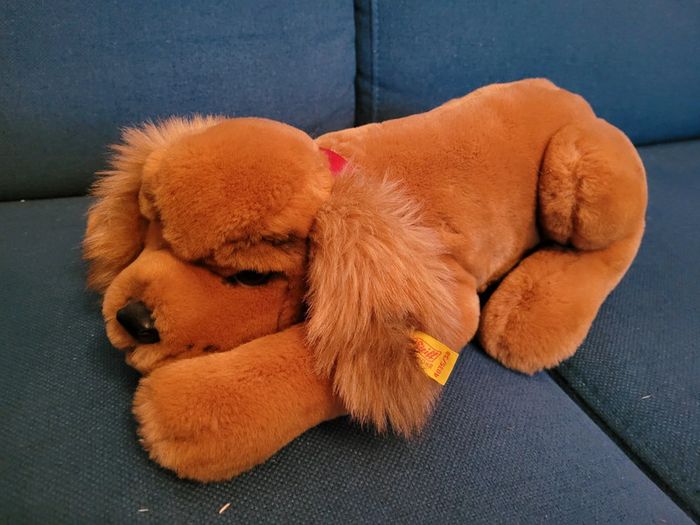 RARE Peluche ancienne Chien couché collier Steiff doudou brun marron langue collection 40cm - photo numéro 4