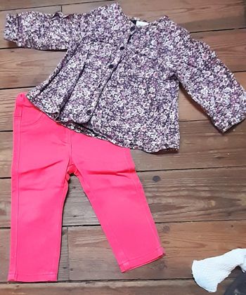 Blouse tape a l´oeil avec jeans rose 12 mois