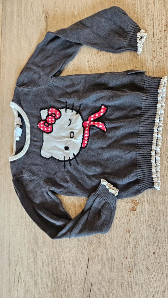 Pull léger à manches longues gris et blanc, Hello Kitty, 4/6 ans - photo numéro 3