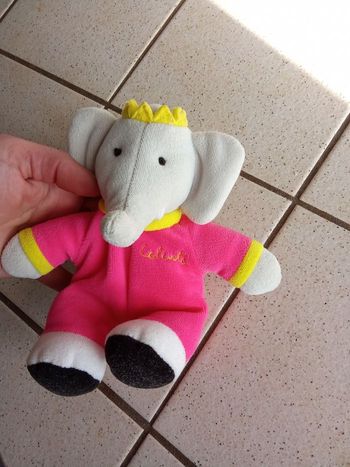 Doudou, Petite peluche céleste Babar, rose, jaune, gris éléphant, marque  tigex