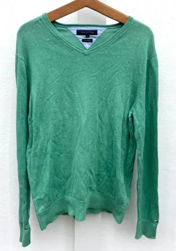 Tommy Hilfiger V-neck pullover lime green Mens L cotton and linen