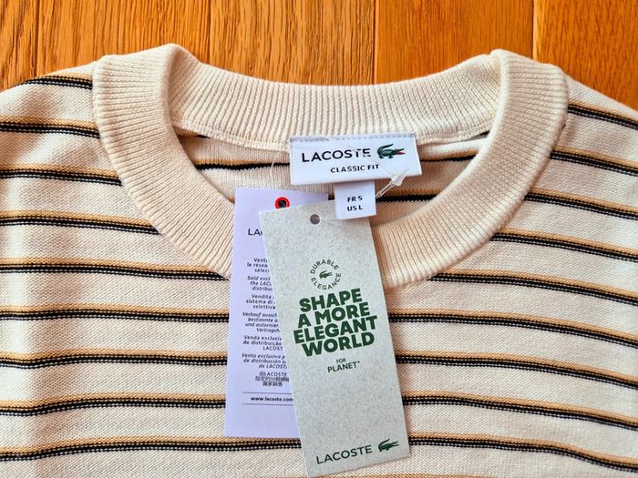 Pull "Lacoste" Blanc à rayures Taille L  Taille L neuf sous blister 100 % coton organique. - photo numéro 5