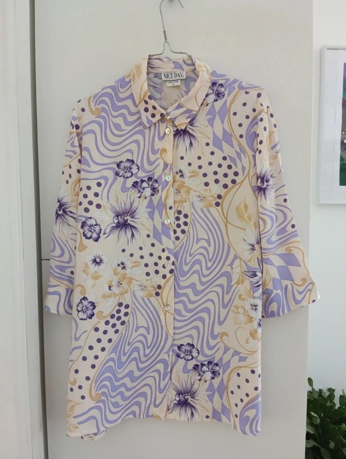 Chemise longue écrue et violette en viscose taille 42 - photo numéro 3