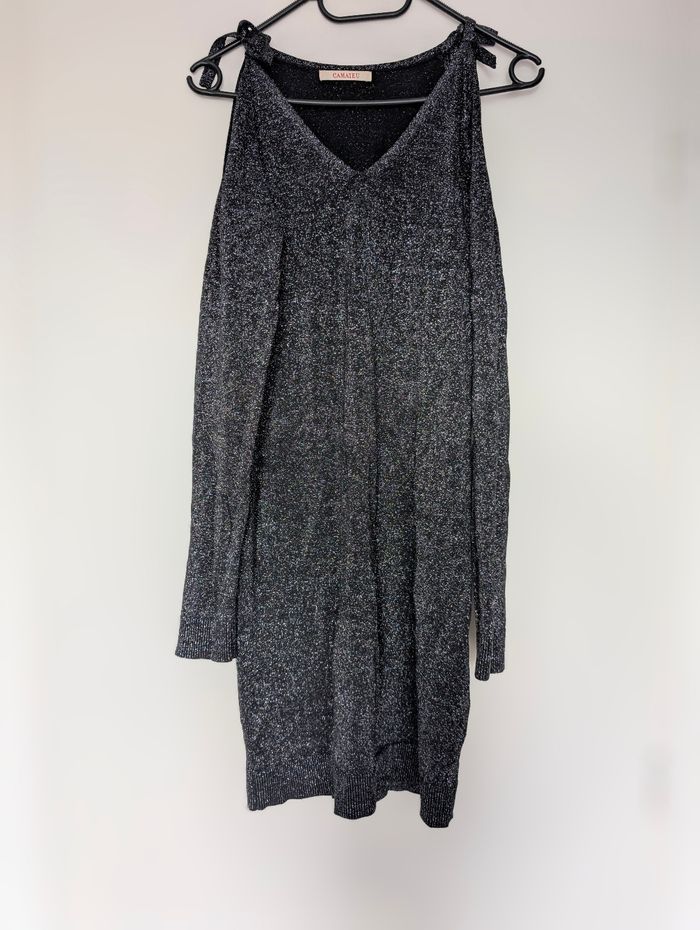 Camaïeu • Robe pull maille pailletée noire bretelles nouées • Taille 44 (FR)
