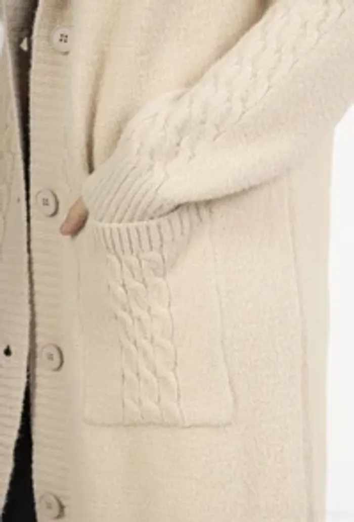 Cardigan Long-Gilet ivoire en Grosse Maille avec Capuche et Poches - photo numéro 2