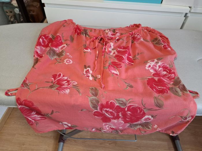 Belle blouse femme fleurie orange/rouge 46/48 100 % coton excellent état - photo numéro 2