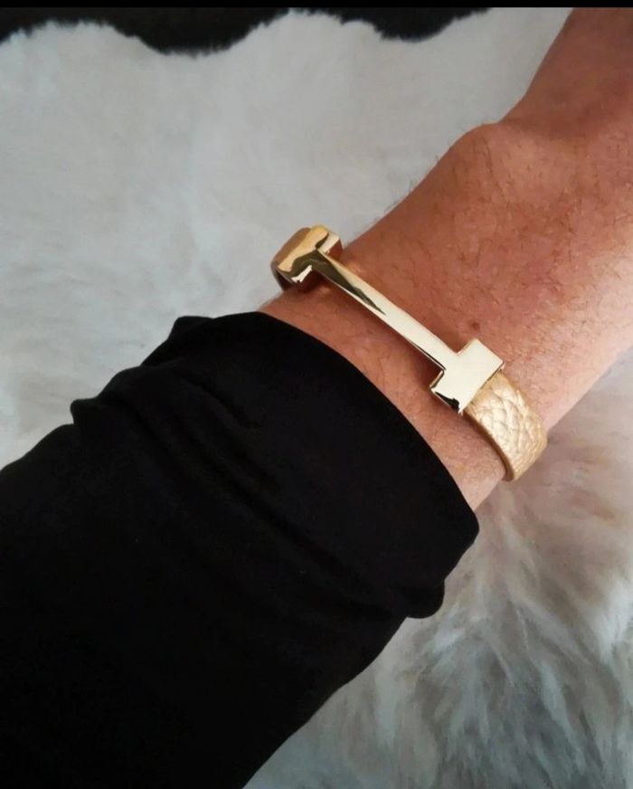 F87 bracelet jonc cuir doré tendance - photo numéro 2