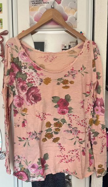 Pull col rond, rose clair à motif fleuris, 100% coton, fabriqué en Italie , M