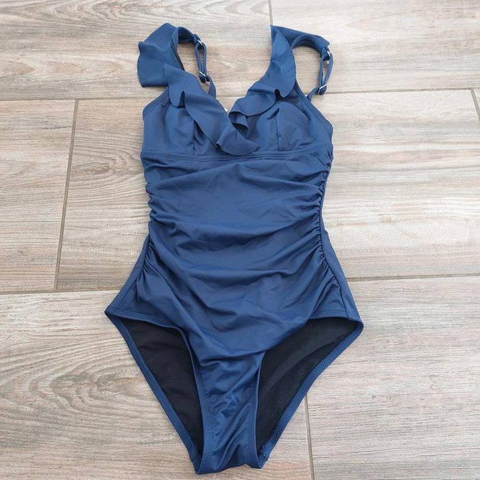 Maillot de bain une pièce slim & scult bleu marine avec volants - Taille XS Cupshe