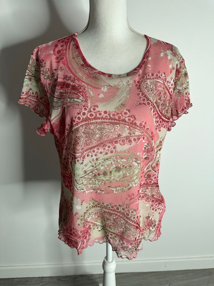 Top en mesh paisley fleurs rose et crème Y2K T42 XL