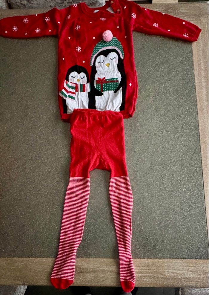 Ensemble Pull de Noël Pingouins + Collant pour fille - photo numéro 2