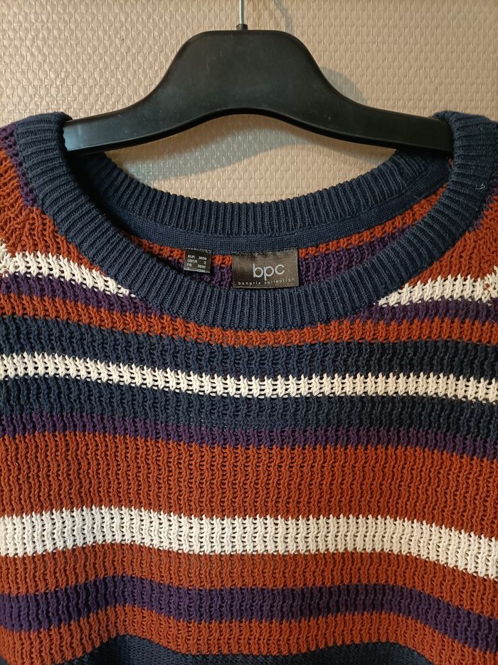 Pull hiver rayé lignes bleu marron et blanc - photo numéro 2