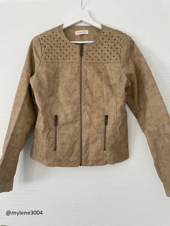 Veste perfecto classe similicuir beige marron camel avec poches et strass fermeture éclair