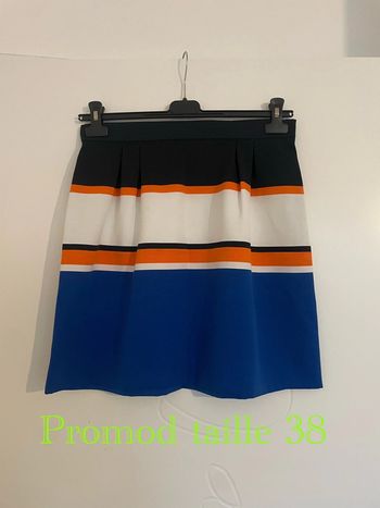 Jupe bas évasé taille haute à rayures blanc bleu marine orange et bleu promod taille 38