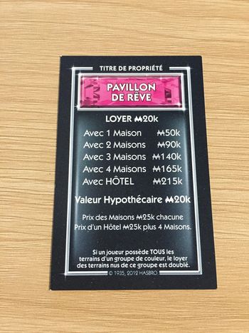 Carte titre de propriété Pavillon de rêve pièce détachée jeu de société Monopoly Millionnaire #A45