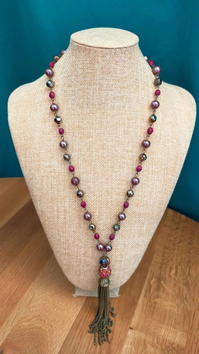 Collier vintage à pampille bronze – Perles prune & métalliques – Style bohème chic - photo numéro 2