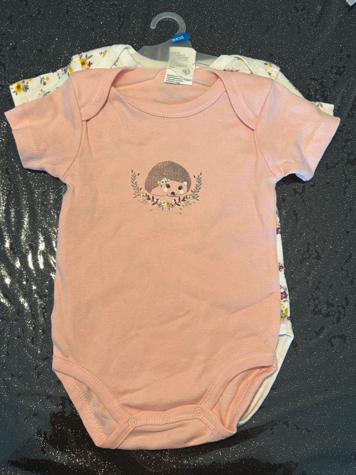 Lot de 2 bodies fille fleurs / hérisson Taille 9 mois.
