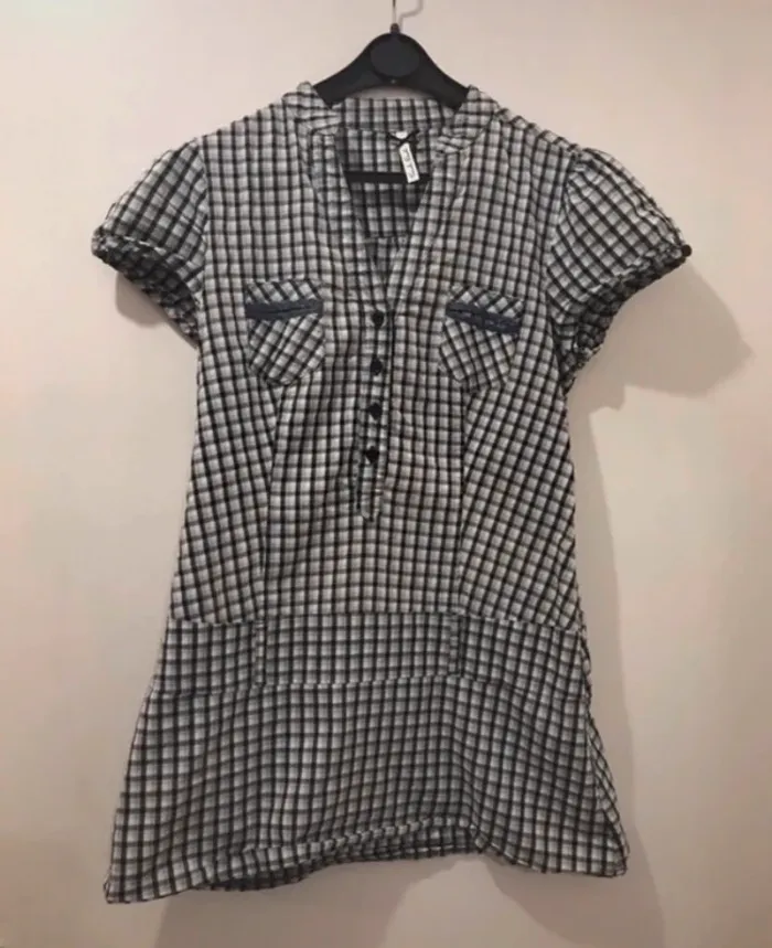 Haut tunique chemise femme cache cache noire blanc à carreaux manches courtes taille 2