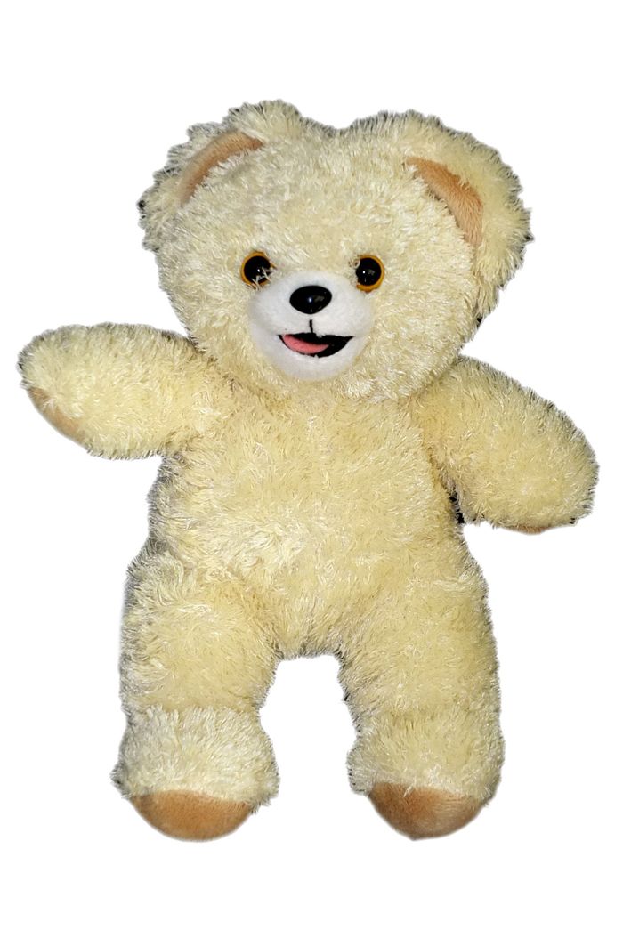 Peluche publicitaire Doudou ours Cajoline beige avec langue – ancien modèle – 26 cm