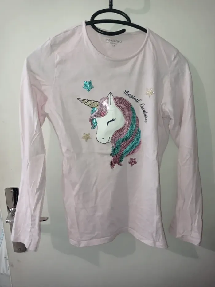 T-shirt manche longue rose clair motif licorne