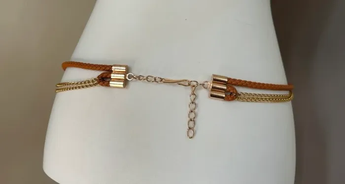 Ceinture multi Rang chaîne doré et cuir camel  Longueur totale, 85 cm - photo numéro 3