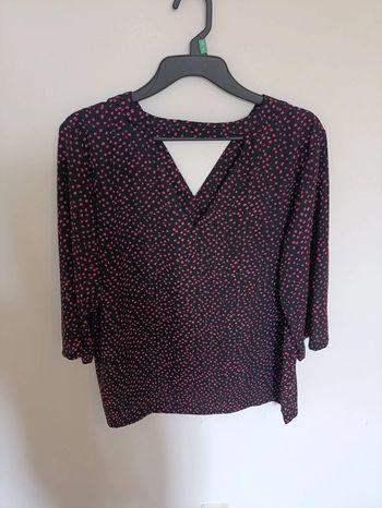 Blouse noire à pois roses décolleté V original vintage
