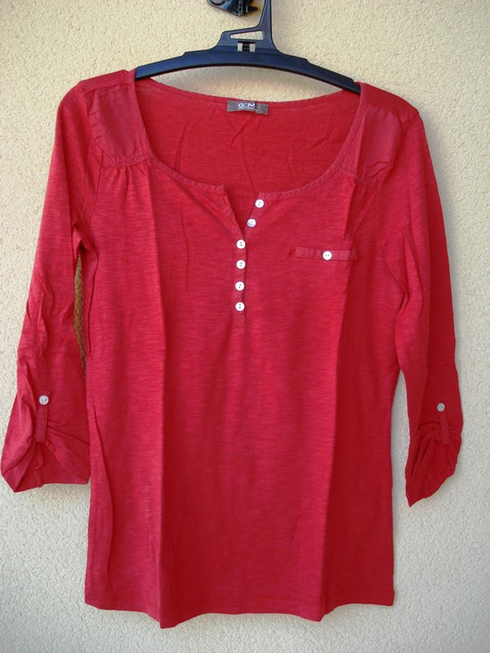 T-shirt col tunisien et manches 3/4 - Taille S