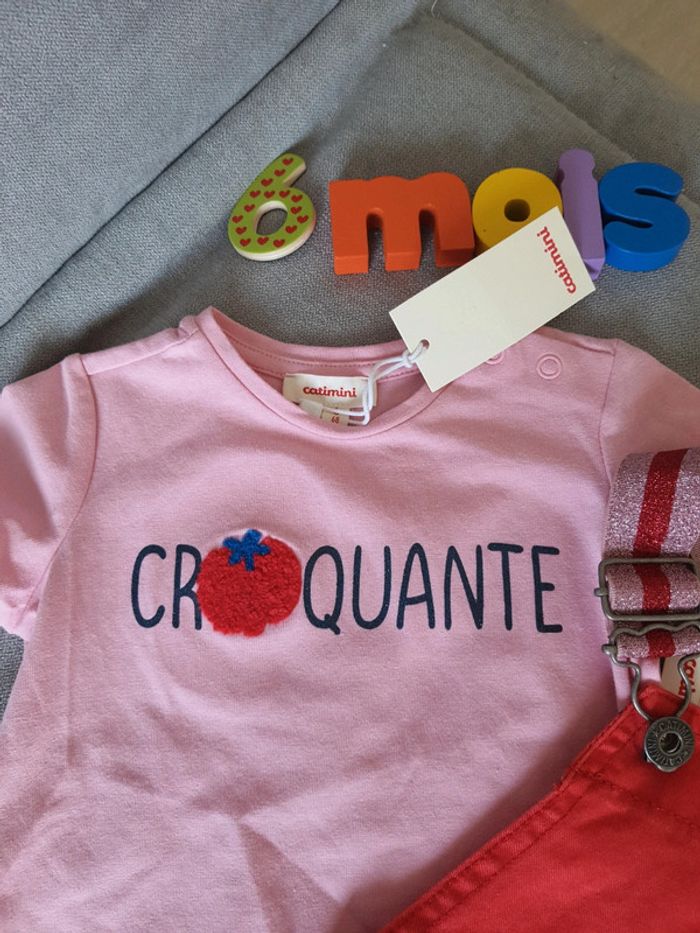 Ensemble Catimini t-shirt et salopette short taille 6 mois neuf avec étiquettes - photo numéro 2