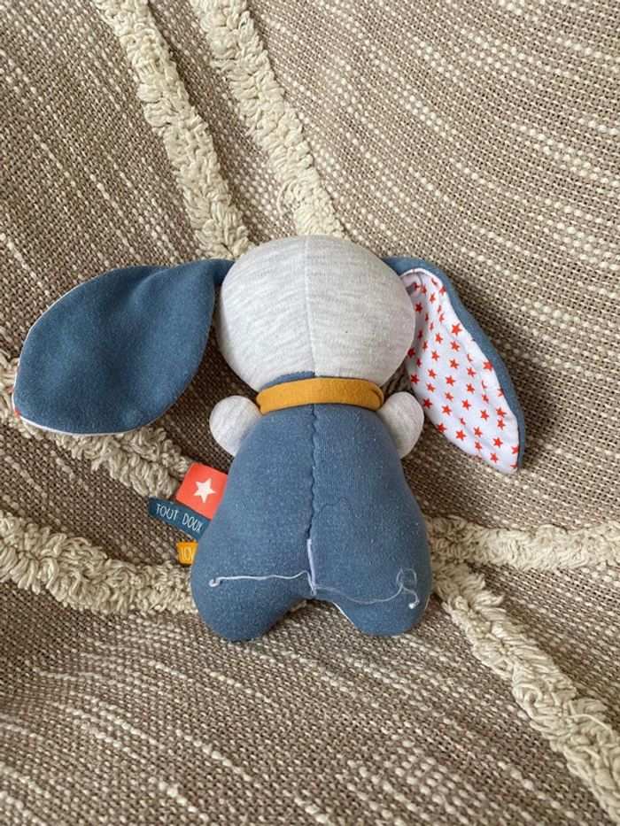 Peluche doudou 18cm tape à l’œil lapin gris bleu et orange étoile rayures très bon état - photo numéro 3