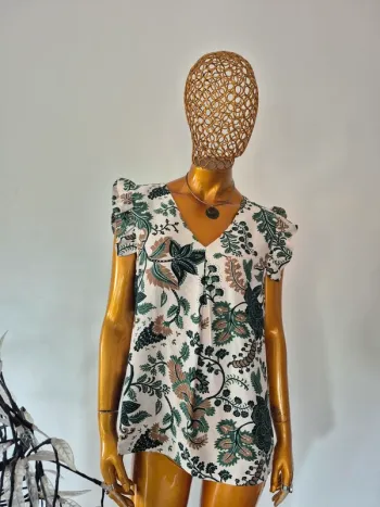 Blouse Fleurie Verte Manches Courtes Femme Taille 44/46