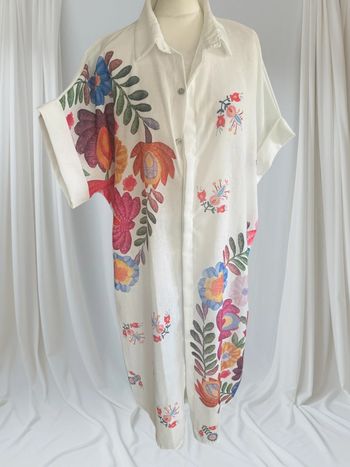 Magnifique robe chemise coton effet lin blanc fleuris multicouleurs taille 42/46 grande taille