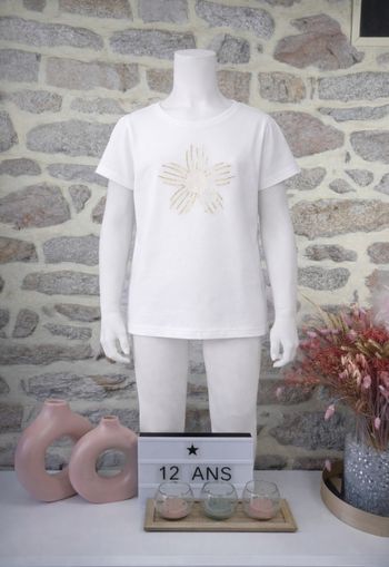 T-shirt blanc motif fleurs brodée et sequins Fille taille 12 ans marque Okaidi 🦜 
