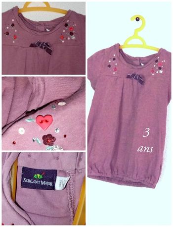 3 ans sergent major blouse Tee-shirt lila avec nœuds papillon velours print été /Excellent état