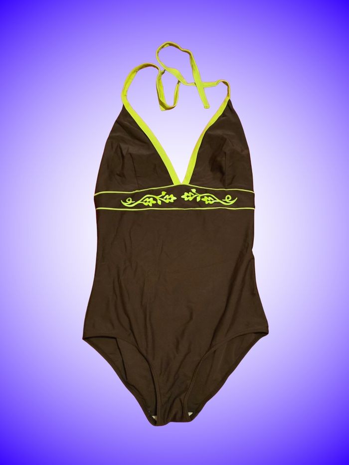 Maillot de Bain 1 Pièce Dos Nu Marron & Vert Lime – Motifs Bohèmes – Taille 44 XXL – Neuf, Sans Étiquette
