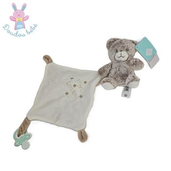 Doudou Ours beige blanc mouchoir "mon doudou" attache tétine TEX