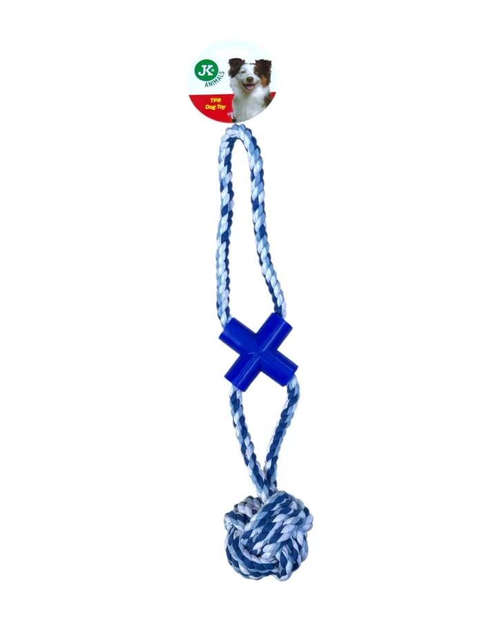 Jouet pour chien en corde tressée bleu et blanche avec nœud boule et croix 41cm Neuf