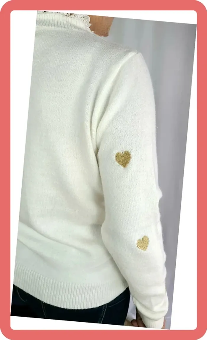 Pull col montant dentelle et coeurs brodés, Taille Unique, Neuf avec étiquette - photo numéro 4