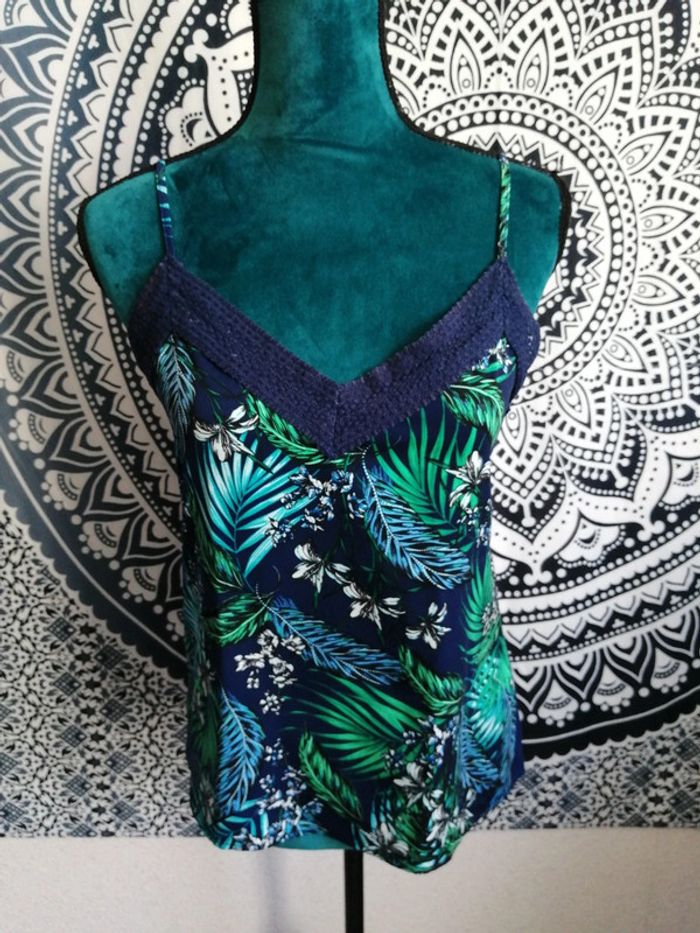 Top marine bi matière motifs tropicaux avec dentelle et bretelles réglables / cache cache / (S-M) - photo numéro 2