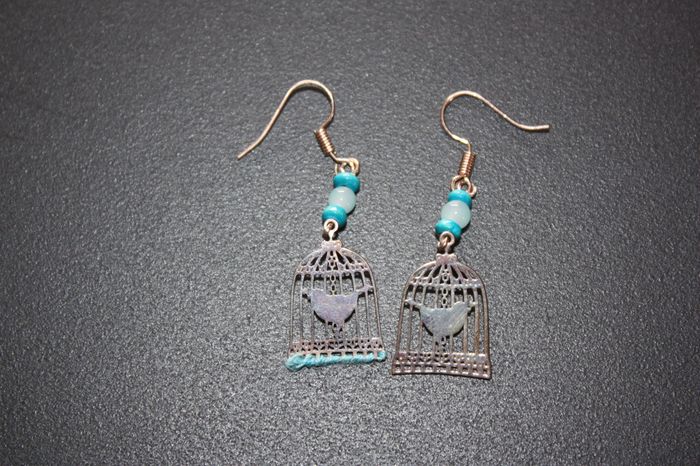 Boucle oreille pendante cage oiseau bleu - photo numéro 2