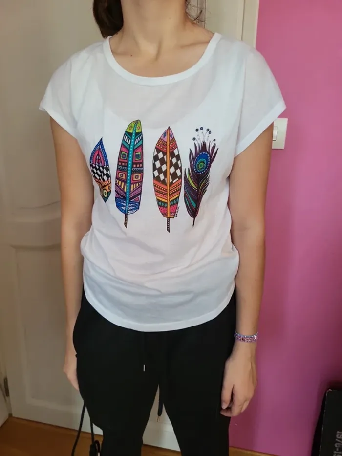 T shirt blanc plumes S