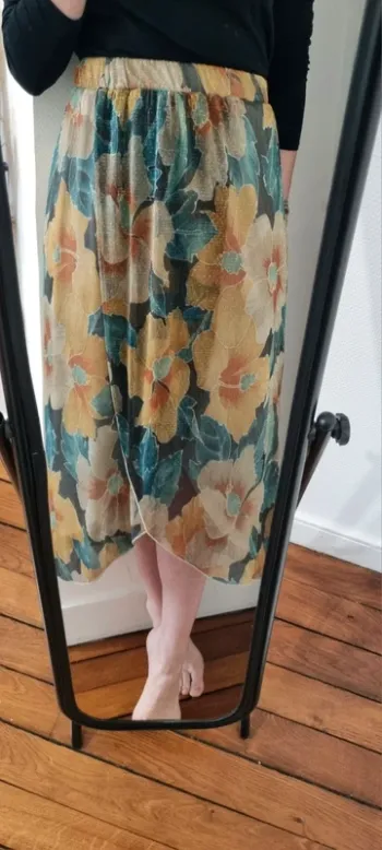 Jupe midi lurex dorée imprimé fleuri naf naf neuve 38