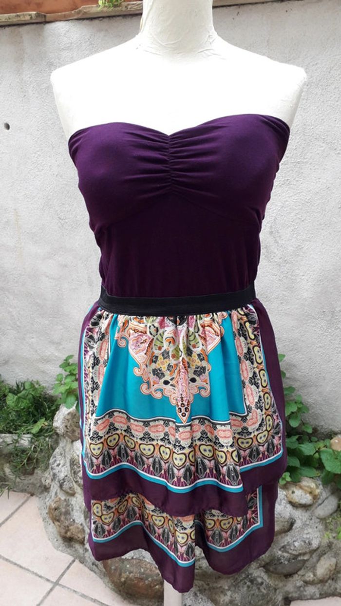 Robe bustier ampliforme violet et multicolore