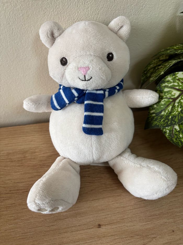 Doudou peluche ours blanc crème écharpe bleu h&m - photo numéro 2