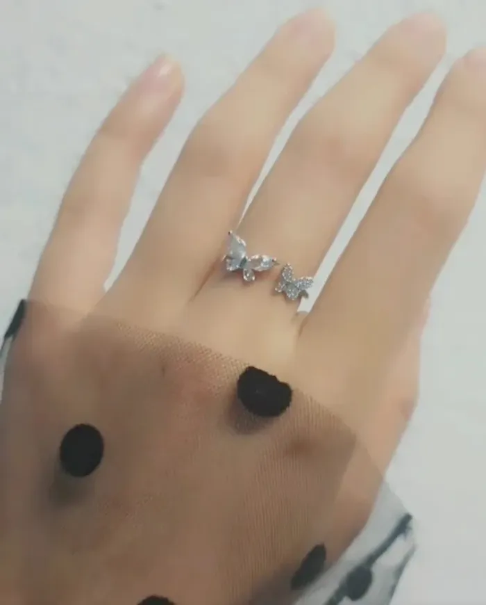 Bague réglable, 2 papillons, couleur argentée