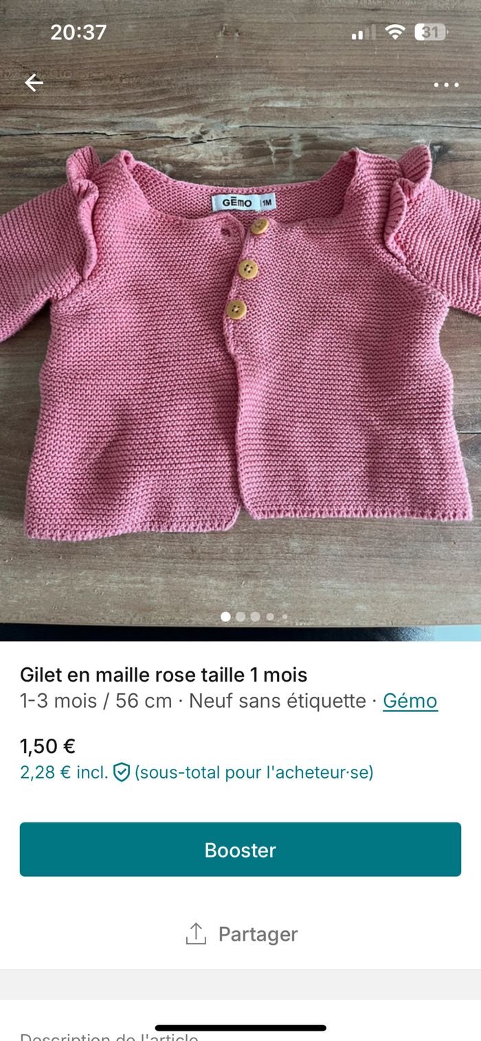 Lot de 2 gilets taille 1 mois