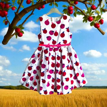 JACADI - ROBE FILLE MOTIF FRUITS, TOUCHES ROSE FLUO, ÉVASÉE & PLIS SUR LE BAS 8A