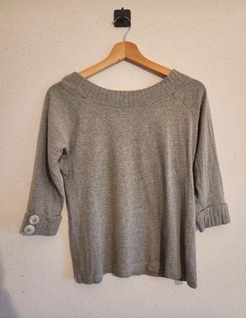 Haut gris col large – Manches 3/4 à boutons – Taille 38 – Kiabi
