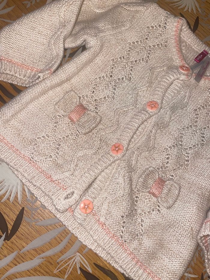 Gilet en tricot beige & fil rose or orchestra bb 3 mois - photo numéro 4