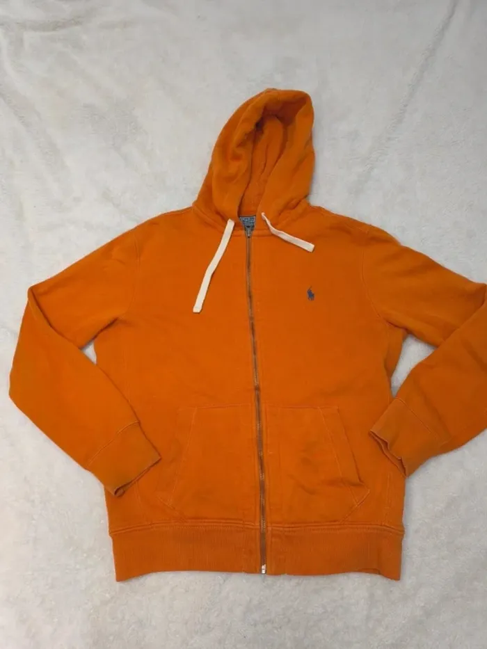 Sweat à capuche zippé Polo Ralph Lauren homme taille L orange manche tachée - photo numéro 2